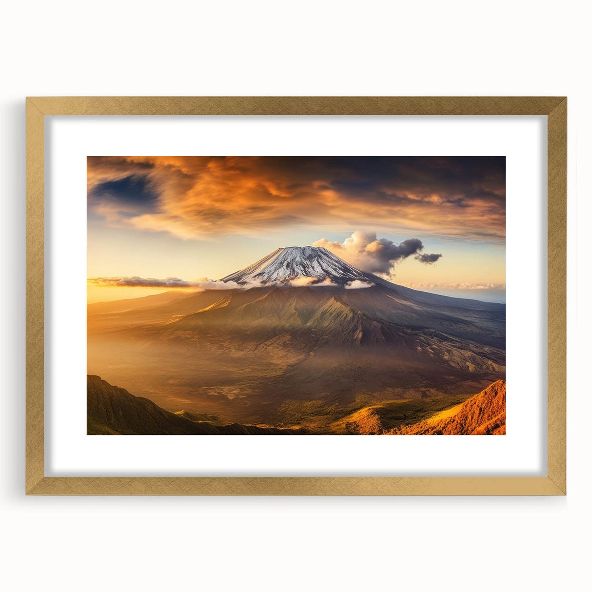 Framed wall art featuring a striking volcano landscape design with a gold mat, showcasing vibrant colors and intricate details, perfect for home decor.