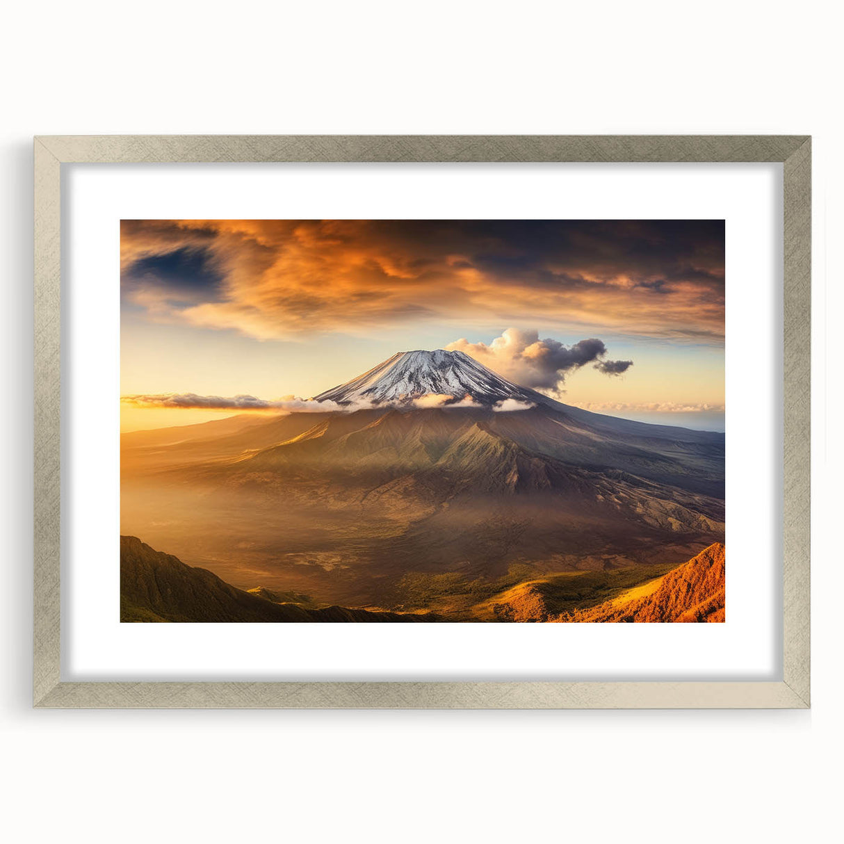 Framed wall art featuring a stunning volcano landscape design, with a silver mat and front view display, perfect for enhancing modern home decor. This piece captures vibrant colors and intricate details, making it an eye-catching addition to any space.