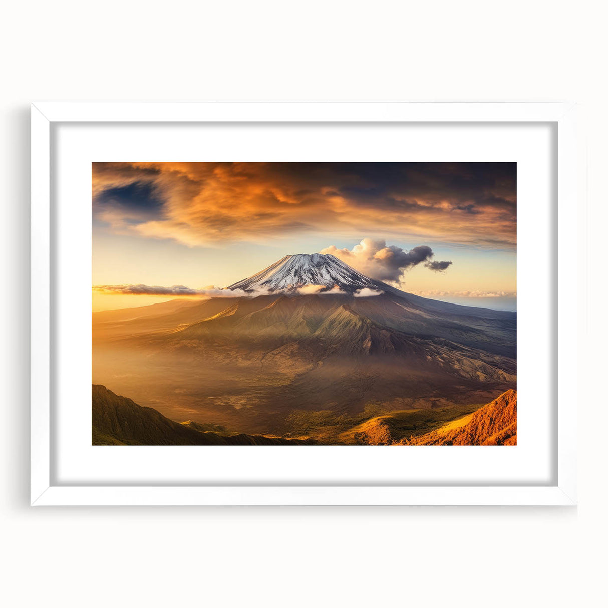 Framed wall art collection showcasing a vibrant volcano landscape design, featuring a white mat and sleek frame, perfect for home decor enthusiasts.