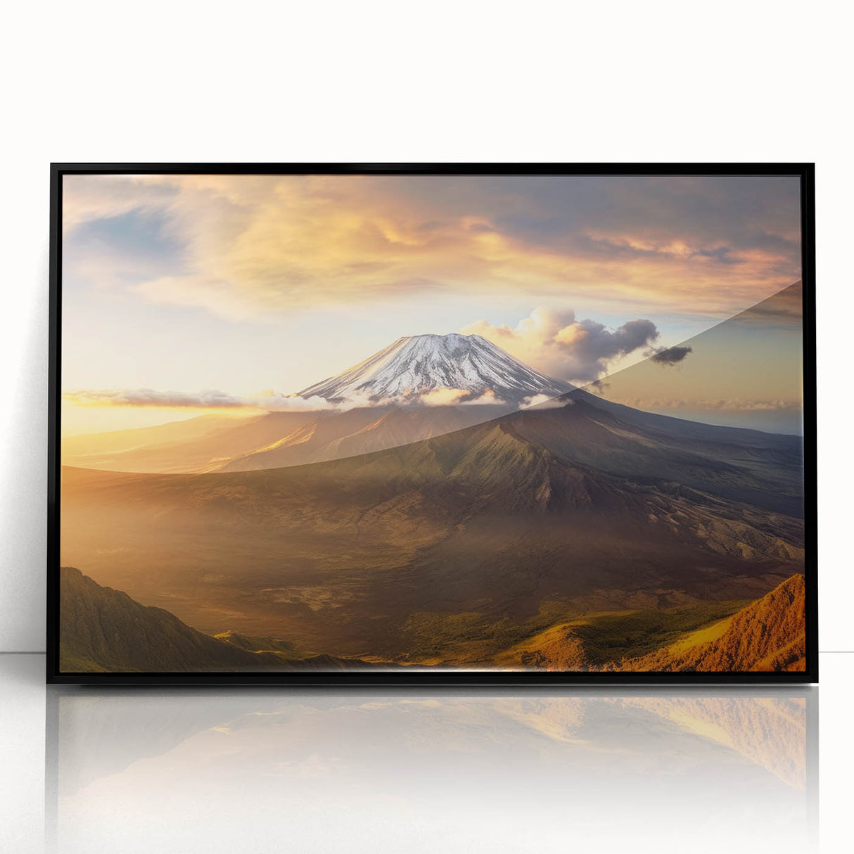 Framed acrylic wall art showcasing a stunning volcano landscape design, featuring vibrant colors and intricate details, perfect for enhancing home decor.