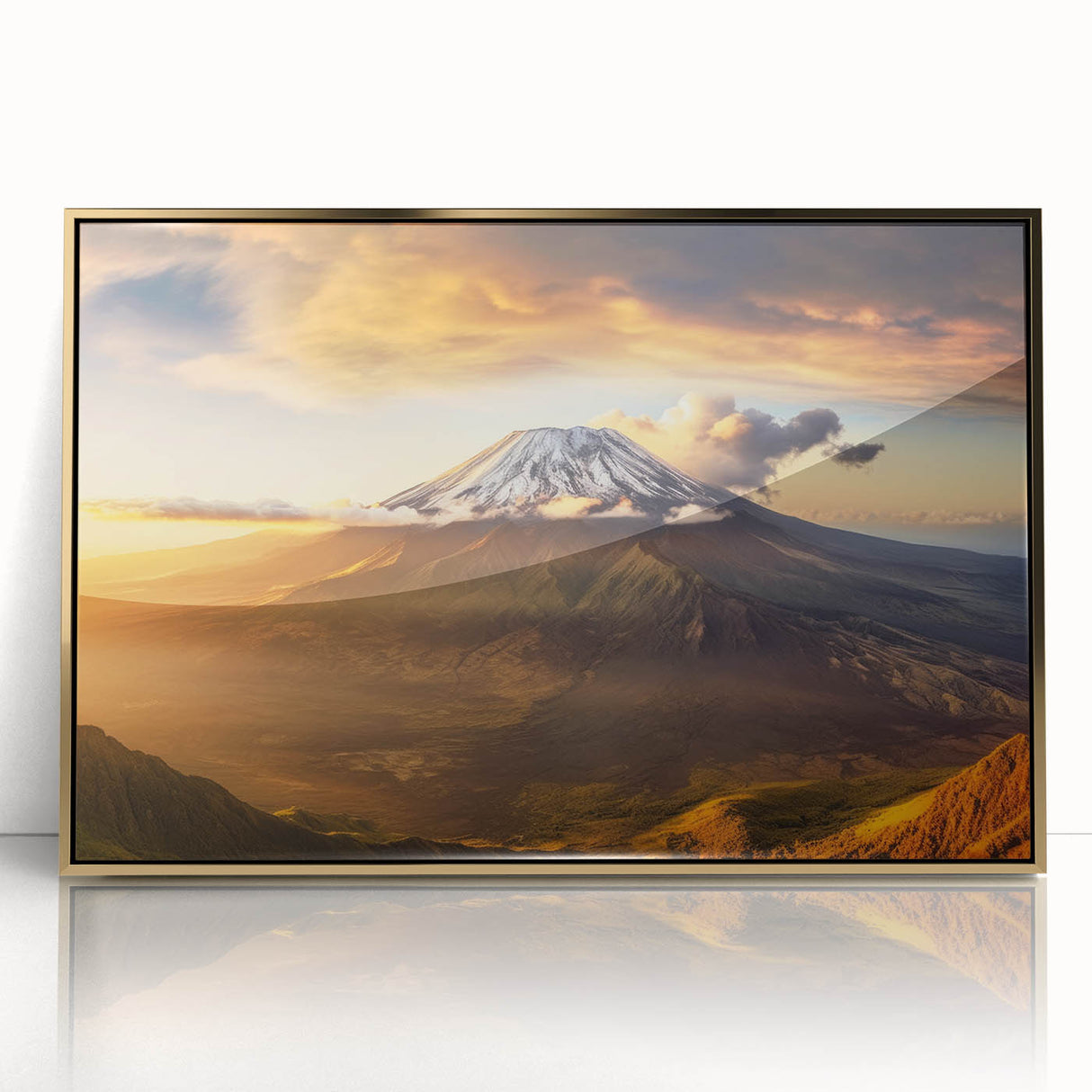 Framed acrylic wall art showcasing a vibrant volcano landscape design in gold accents, ideal for enhancing modern interior decor with its striking colors and dramatic imagery.
