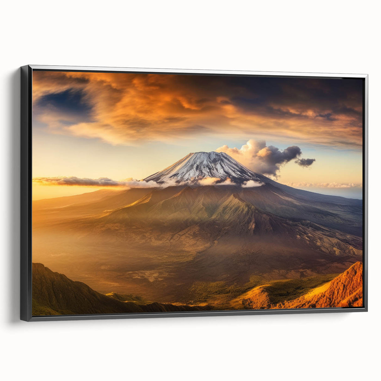 Framed canvas wall art depicting a vibrant volcano landscape design, featuring bold colors and intricate details, displayed from a black side view for modern decor.