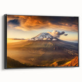 Framed canvas wall art depicting a vibrant volcano landscape design, featuring bold colors and intricate details, displayed from a black side view for modern decor.