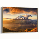 Framed canvas wall art showcasing a stunning volcano landscape design with vibrant colors and gold accents, perfect for modern home decor.