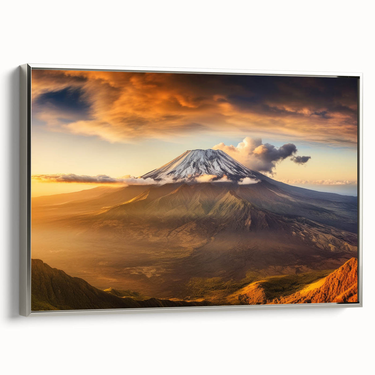 Framed canvas wall art depicting a vibrant volcano landscape with rich colors and dynamic textures, set against a sleek silver frame, perfect for home decor.