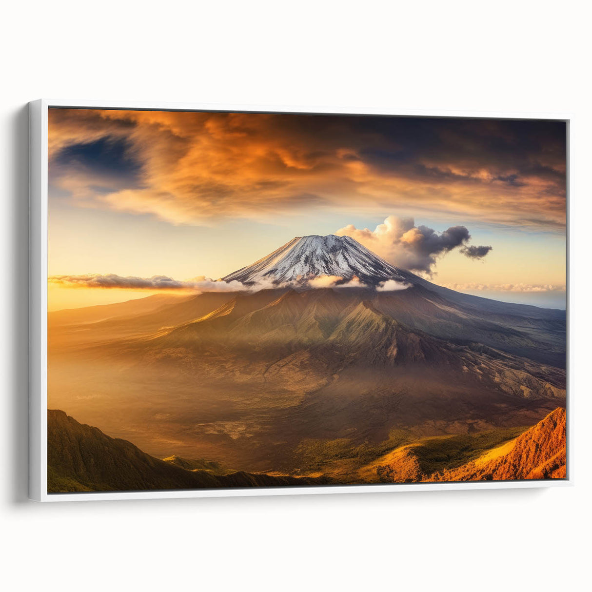Framed canvas wall art depicting a vibrant volcano landscape design, featuring rich colors of orange and red with a white frame, ideal for modern home decor.