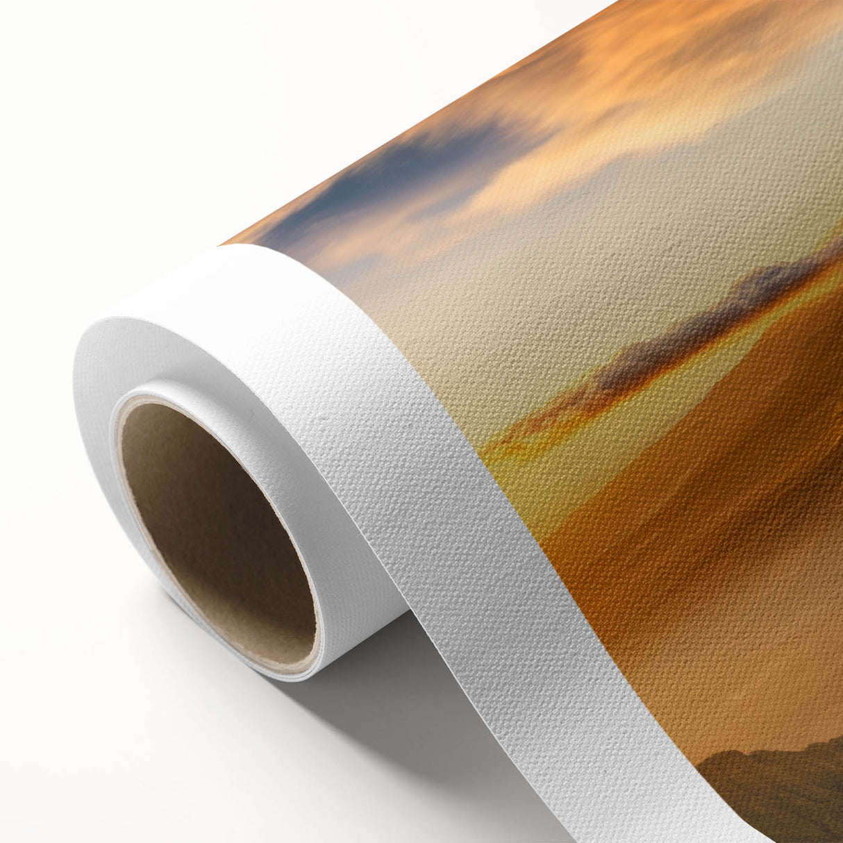 Vibrant wall art featuring a stunning landscape of a volcano at sunset, printed on premium rolled canvas, ideal for home décor. The artwork showcases rich colors and dramatic scenery.