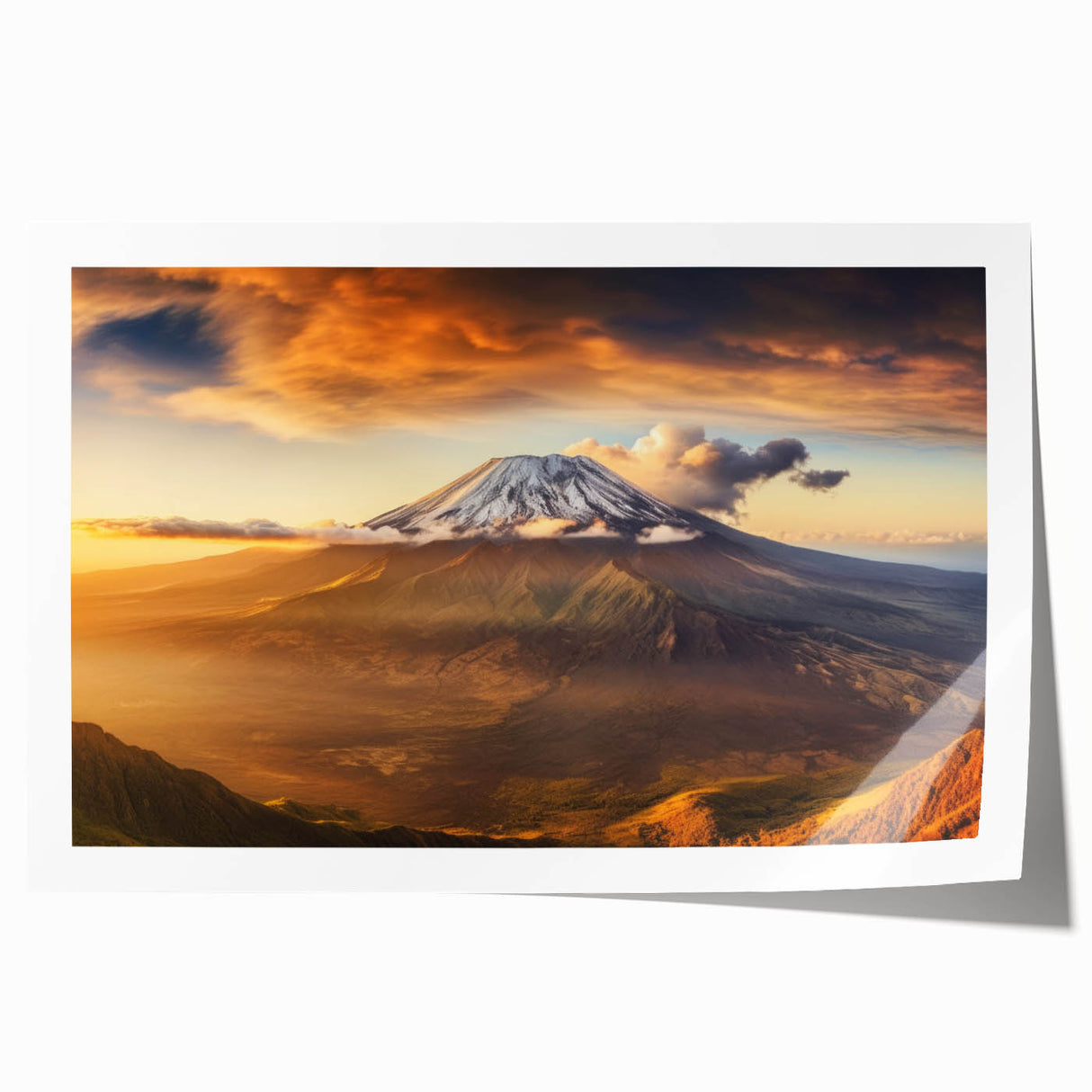 Vibrant rolled wall art print showcasing a dramatic volcano landscape with rich colors and intricate details, perfect for home decor enthusiasts.