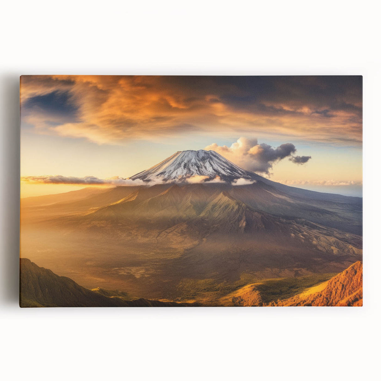 Stretched canvas wall art showcasing a vibrant volcano landscape design, featuring bold colors and dramatic geological formations, perfect for home decor enthusiasts.