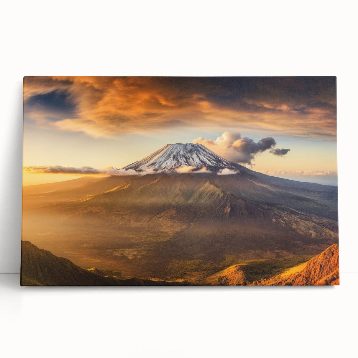 Stretched canvas wall art featuring a vibrant volcano landscape design, showcasing rich colors and dramatic details, ideal for enhancing modern home decor.