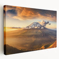 Stretched canvas art piece depicting a vibrant, abstract volcano landscape design with bold colors, ideal for modern home decor or office spaces.