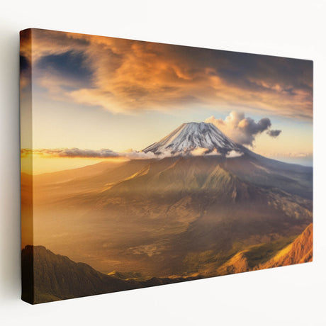 Stretched canvas art piece depicting a vibrant, abstract volcano landscape design with bold colors, ideal for modern home decor or office spaces.