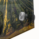 Close-up of a vibrant acrylic print showcasing a stylized volcano landscape design, featuring rich colors and intricate details, perfect for modern home decor.