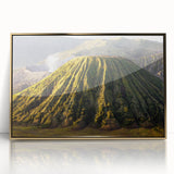 Framed acrylic wall art showcasing a stunning volcanic landscape design with gold accents, perfect for modern home decor, adding a touch of elegance and nature-inspired beauty.