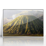 Framed acrylic wall art featuring a vibrant volcano landscape design, set in a sleek white frame, ideal for contemporary home decor. Perfect for nature enthusiasts and art collectors.