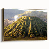 Framed canvas artwork showcasing a stunning volcano landscape design, featuring rich, vibrant colors and a gold frame, perfect for enhancing modern home decor.