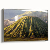Framed canvas wall art showcasing a striking volcano landscape design with vibrant colors, set in a sleek silver frame, ideal for modern home decor.