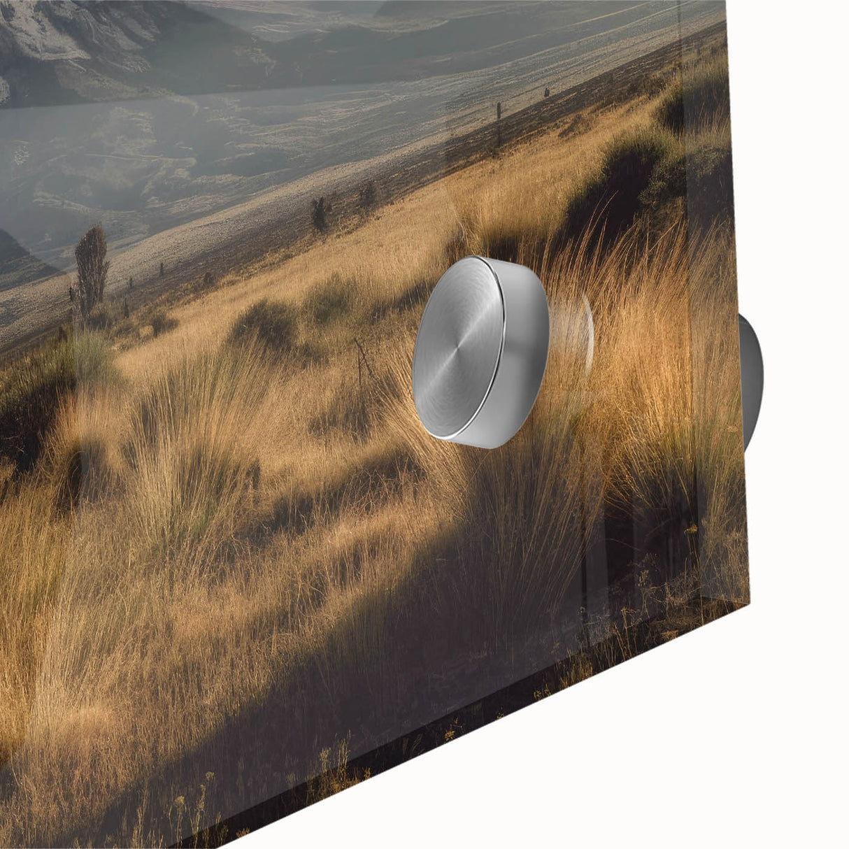 Close-up of a vibrant landscape wall art piece showcasing a majestic volcano, intricately designed in acrylic glass, ideal for home decor enhancement.
