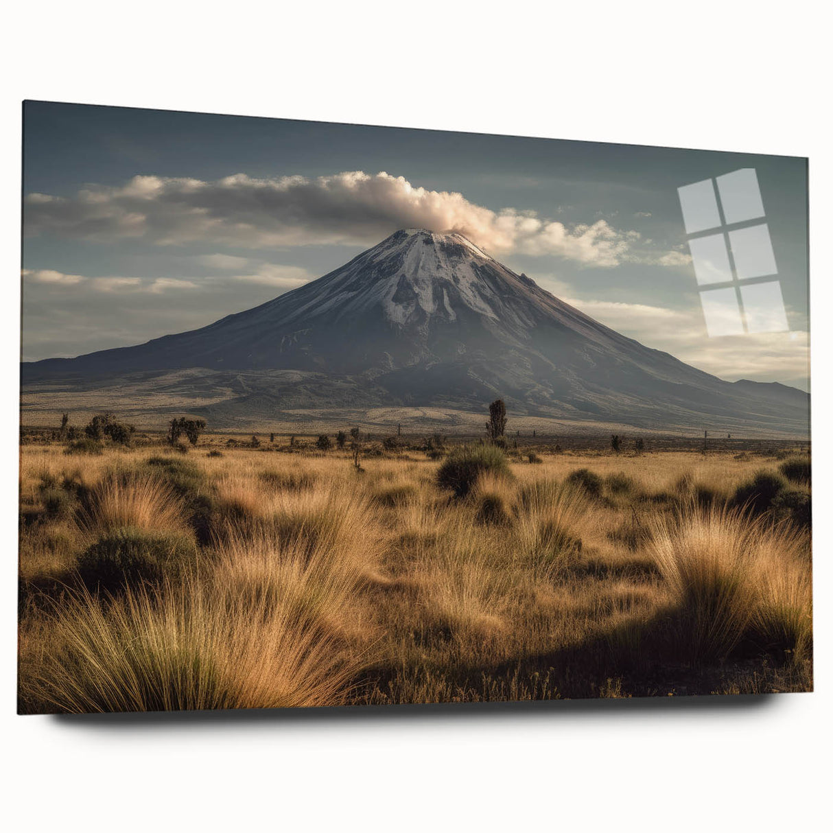 Acrylic glass wall art featuring a colorful volcano landscape design, showcasing vibrant reds, oranges, and yellows, perfect for adding a dramatic touch to home decor.