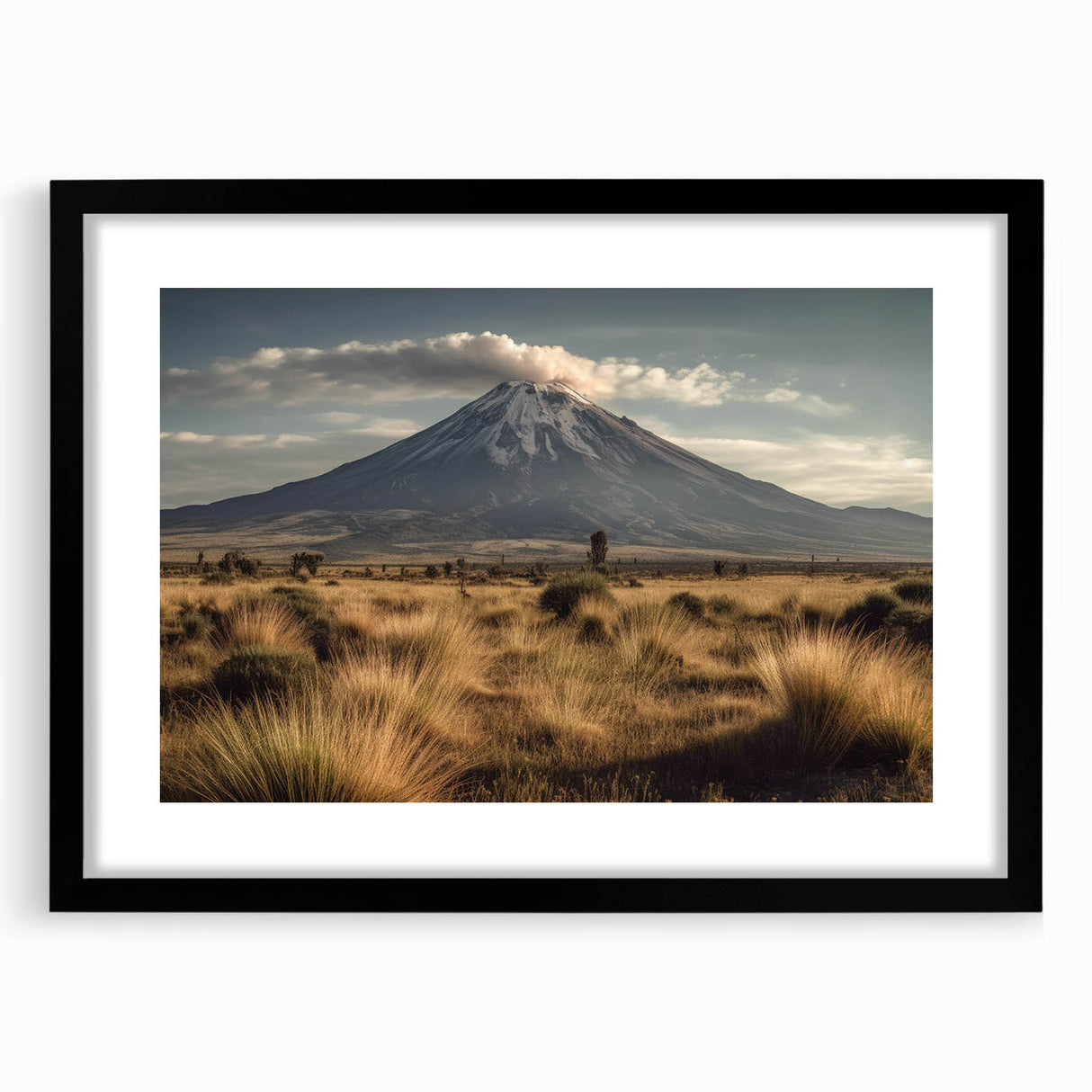 Framed landscape wall art showcasing a stunning volcano design, featuring a black mat and sleek frame, perfect for modern home decor.