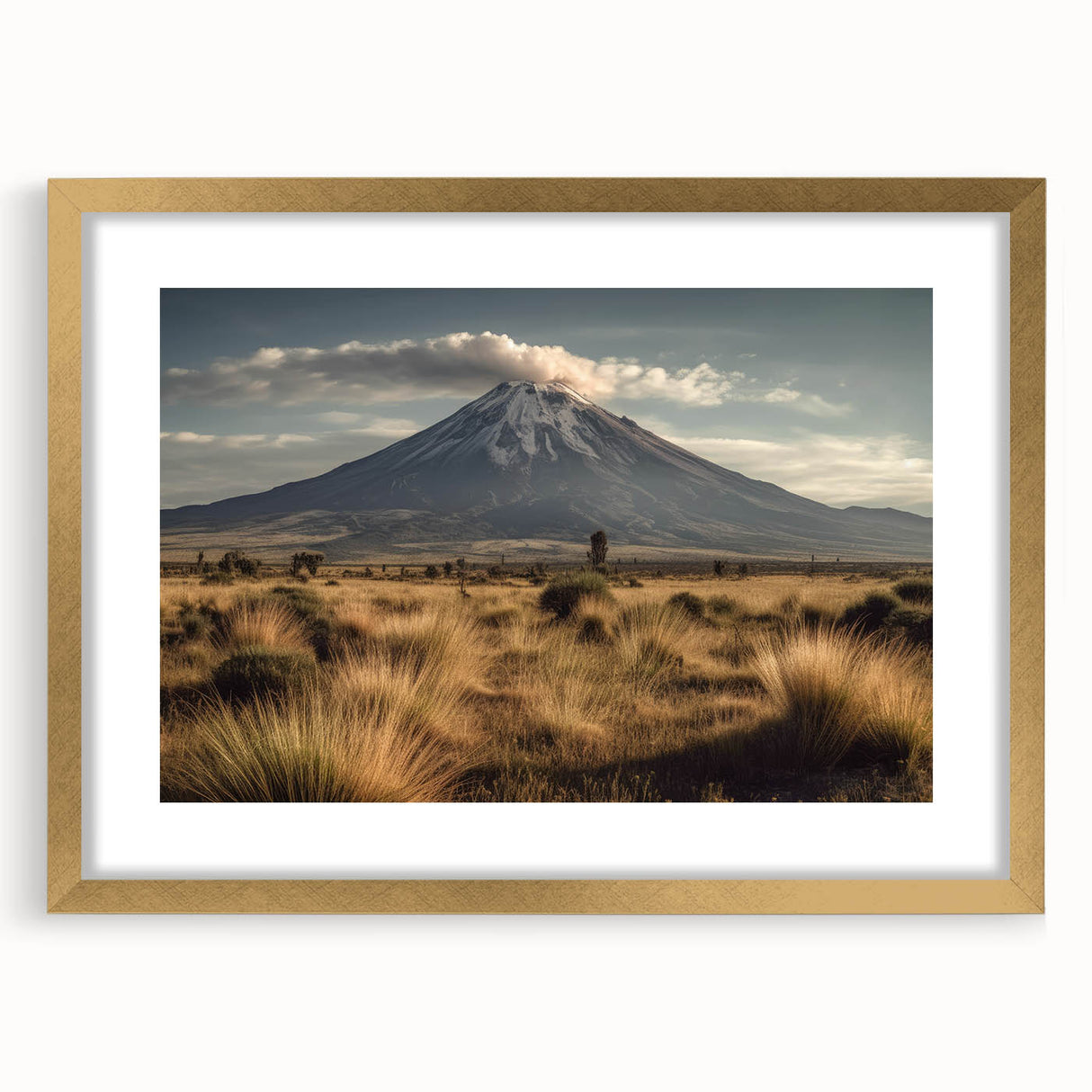 Framed wall art collection showcasing a vibrant volcano landscape design, featuring a gold mat and elegant frame, perfect for home decor and interior styling.