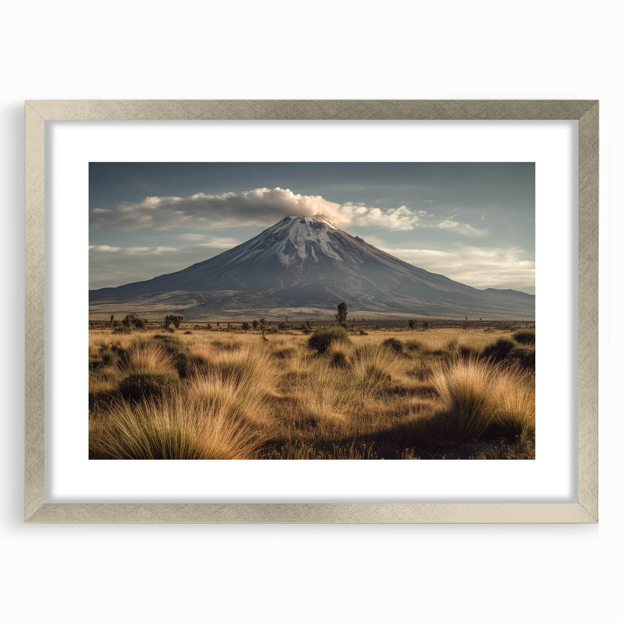Framed silver wall art featuring a vibrant volcano landscape design, showcasing rich colors and intricate details, perfect for home decor or art collection.