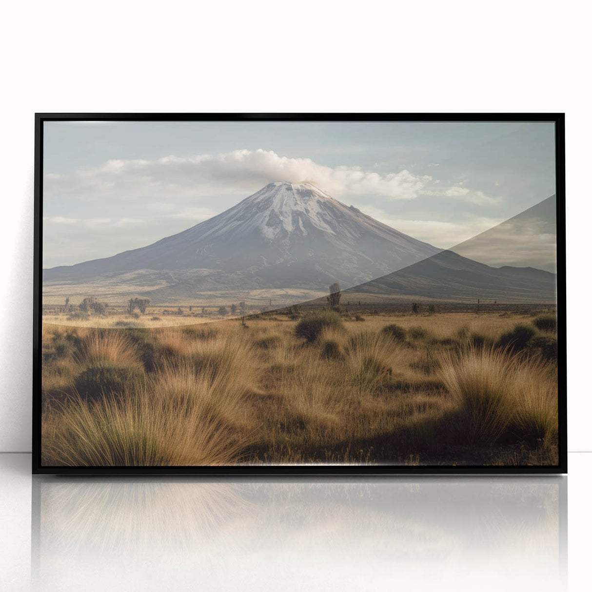 Framed acrylic wall art featuring a striking volcanic landscape design, showcasing vibrant colors and dramatic contrasts, perfect for modern home decor.