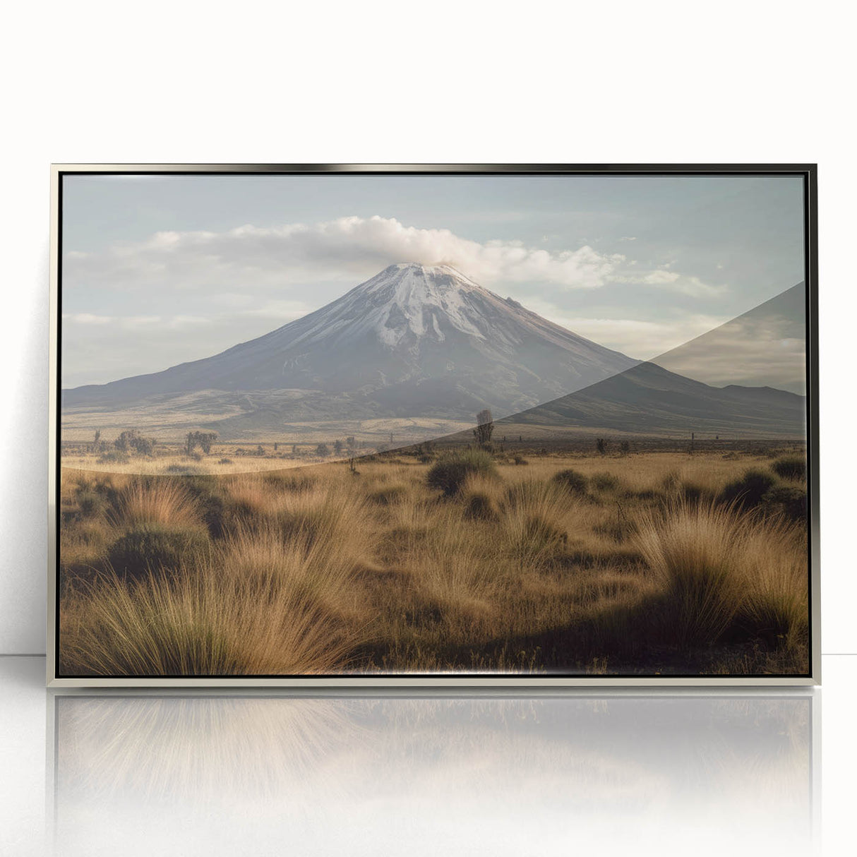 Framed wall art featuring a stunning volcanic landscape design with vibrant colors and intricate details, encased in a sleek silver frame, perfect for home decor.