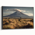 Framed canvas wall art showcasing a vibrant volcano landscape design, featuring rich colors and intricate details, set against a sleek black frame, ideal for home decor.
