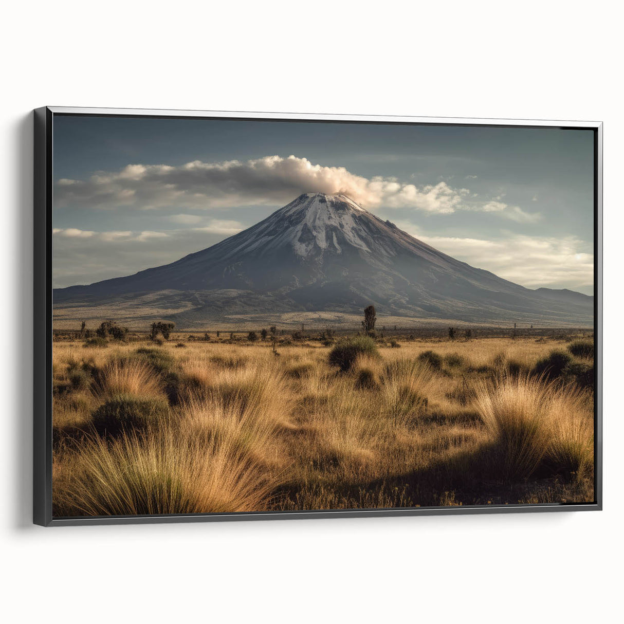 Framed canvas wall art showcasing a vibrant volcano landscape design, featuring rich colors and intricate details, set against a sleek black frame, ideal for home decor.