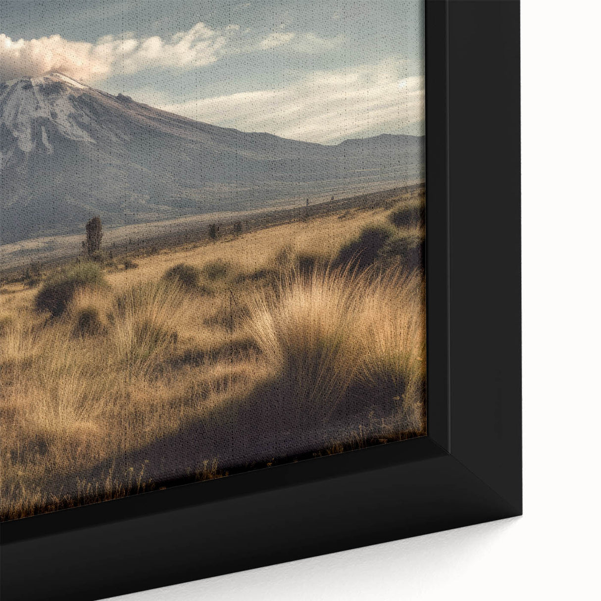 Close-up of a framed canvas wall art piece showcasing a vibrant volcanic landscape with rich colors and intricate details, perfect for home decor enthusiasts.