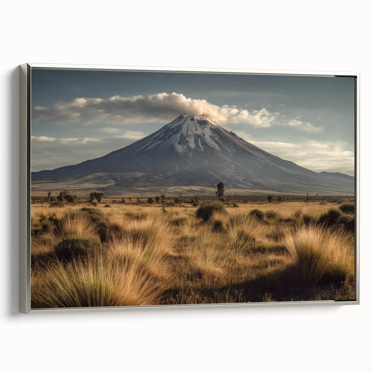 Framed canvas wall art showcasing a vibrant volcano landscape design, featuring rich colors of red, orange, and black, with a sleek silver frame that enhances its modern aesthetic. Perfect for adding a dramatic touch to home decor.