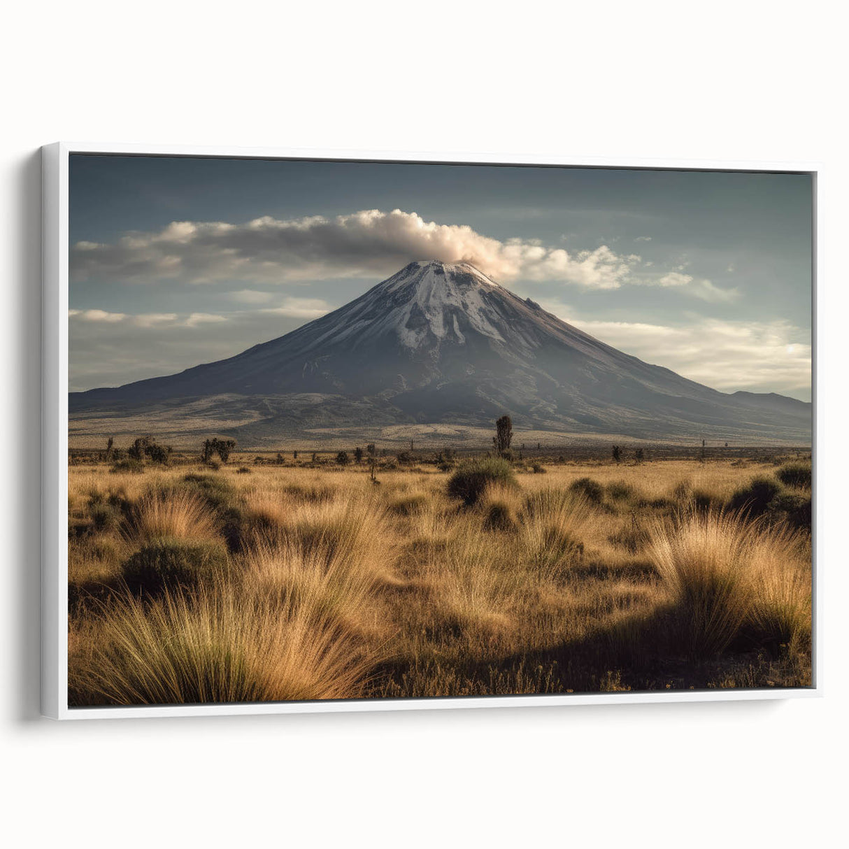Framed canvas wall art featuring a vibrant volcano landscape design in warm hues of orange and red, showcasing dramatic mountain silhouettes against a serene sky. Ideal for home decor enthusiasts seeking nature-inspired artwork.