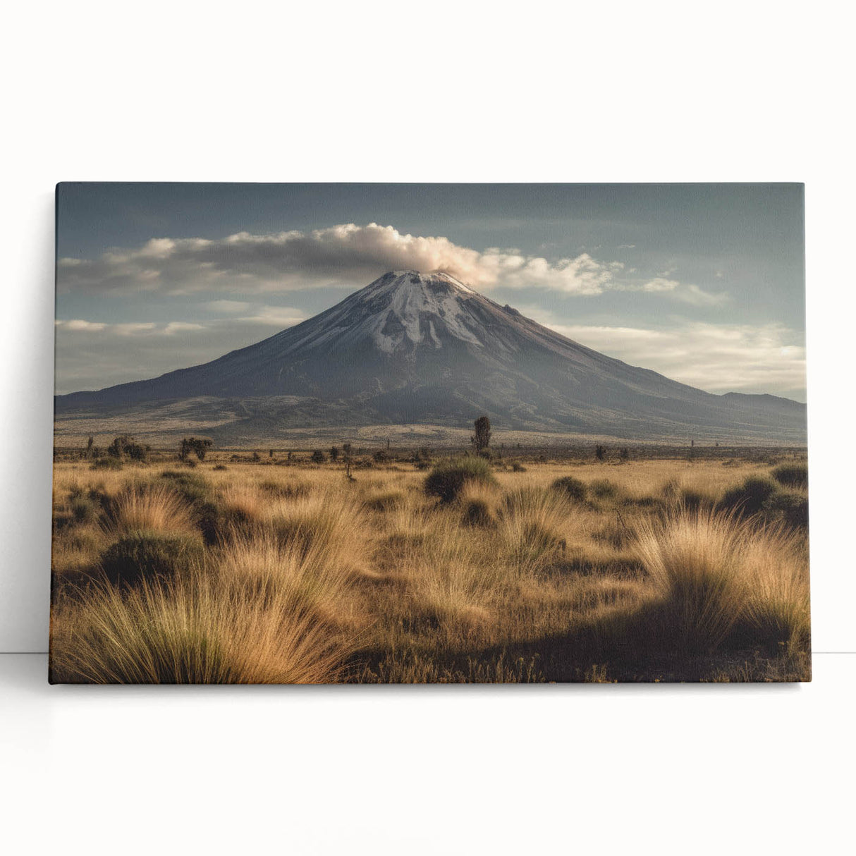 Stretched canvas artwork showcasing a vibrant volcano landscape design, featuring bold colors and dynamic textures, ideal for modern home decor enhancement.