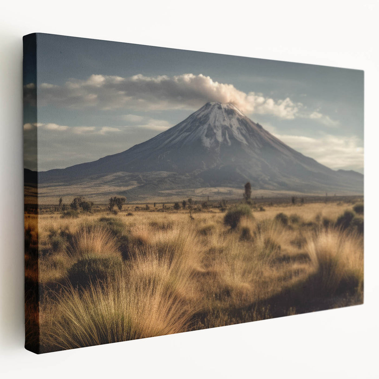 Stretched canvas artwork depicting a vibrant volcano landscape, showcasing rich colors and dramatic scenery, perfect for home decor and art enthusiasts.