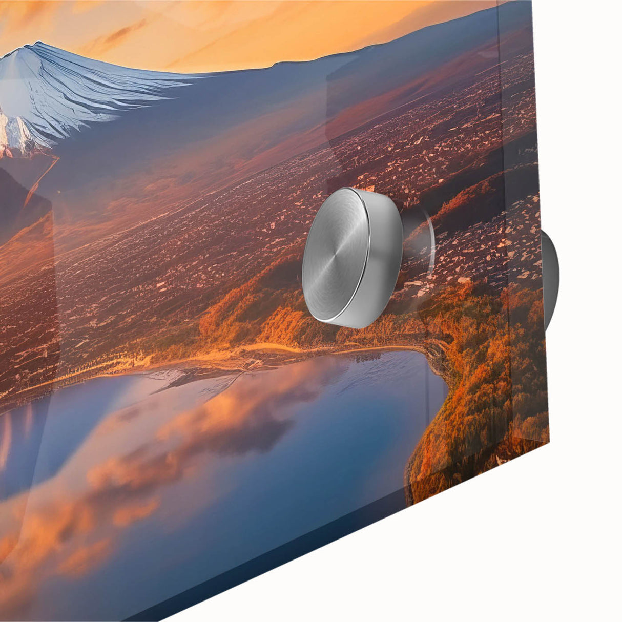 Close-up of a vibrant acrylic glass wall art piece showcasing a volcano landscape design, featuring bold colors and intricate details, perfect for home decor.