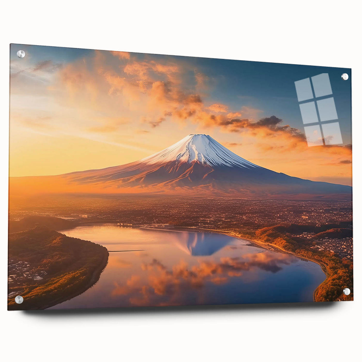Acrylic glass wall art showcasing a vibrant volcano landscape design in a contemporary side view, elegantly displayed with pins for easy mounting, perfect for modern decor.