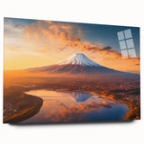 Side view of a stunning acrylic glass wall art piece showcasing a vibrant volcano landscape design, perfect for modern home decor, emphasizing rich colors and intricate details.