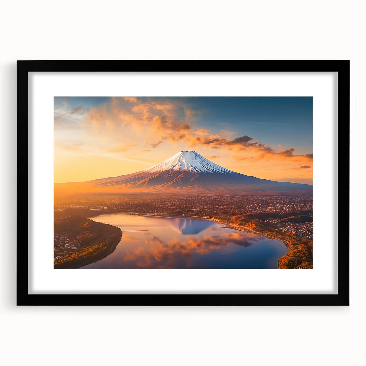 Framed wall art collection showcasing a vibrant volcano landscape design, featuring a sleek black frame and mat, perfect for modern home decor.