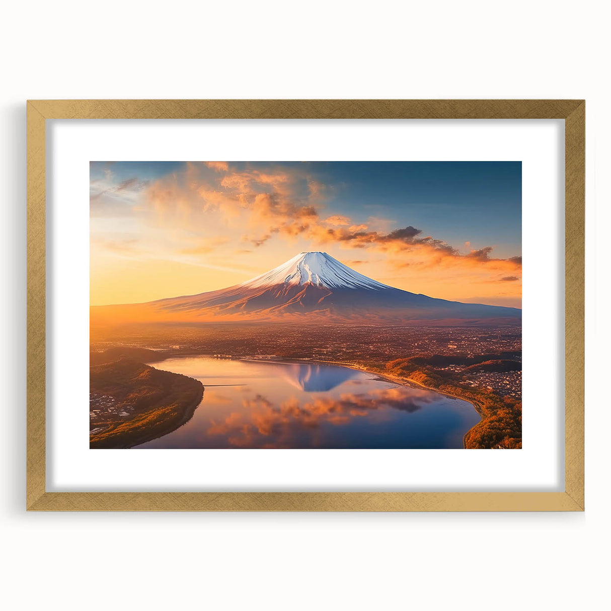 Framed wall art featuring a vibrant volcano landscape design, highlighted with a gold mat and frame, ideal for home decor and art enthusiasts.