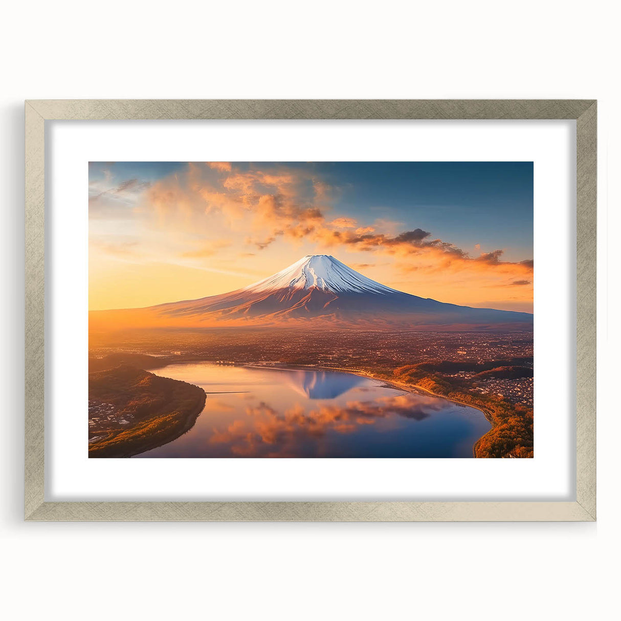 Framed wall art print showcasing a vibrant volcano landscape design, featuring a silver frame and mat for an elegant presentation, ideal for home decor.