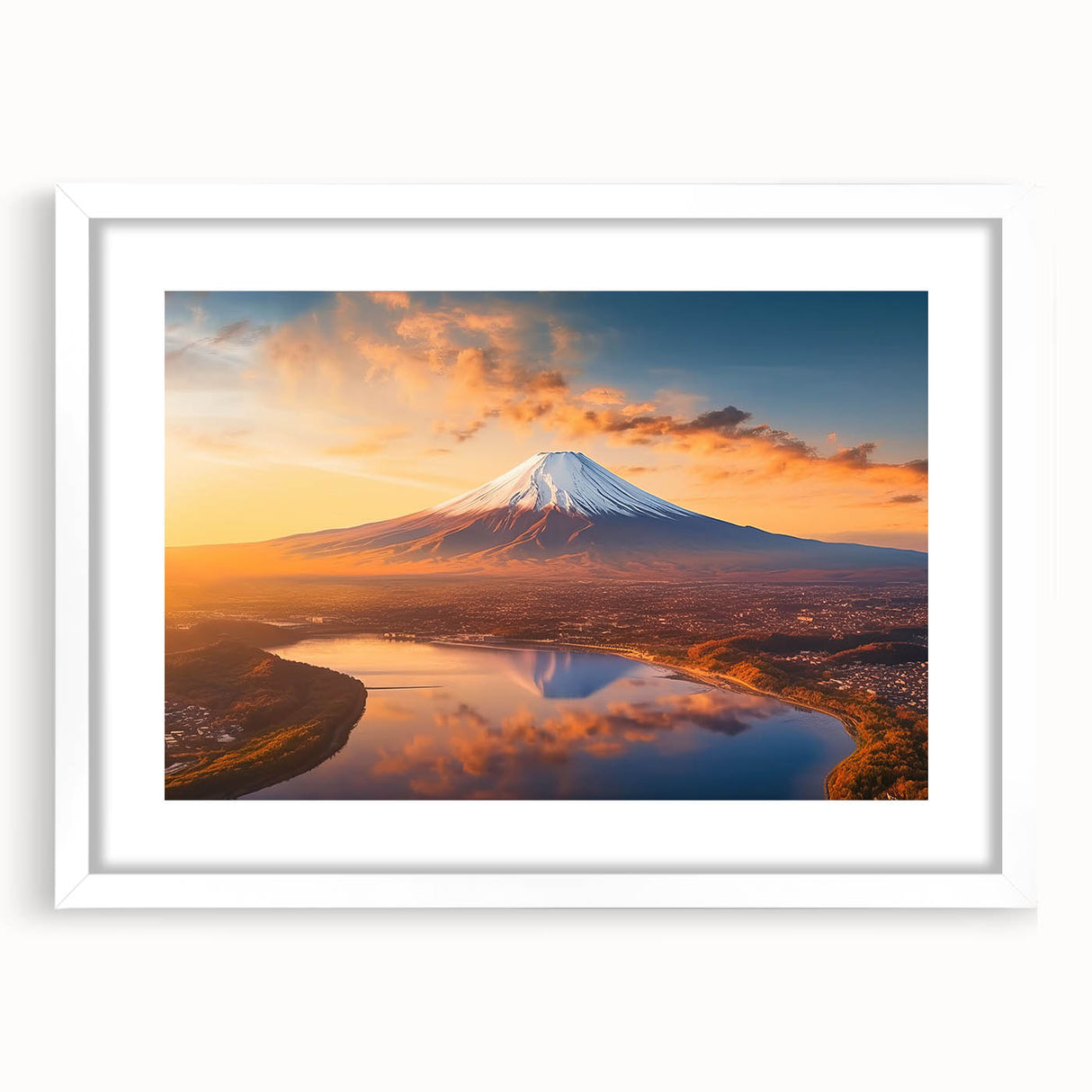 Framed wall art collection featuring a vibrant landscape design of a volcano, presented in a sleek white frame with a mat, ideal for modern home decor.