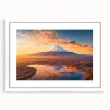 Framed wall art collection featuring a vibrant landscape design of a volcano, presented in a sleek white frame with a mat, ideal for modern home decor.