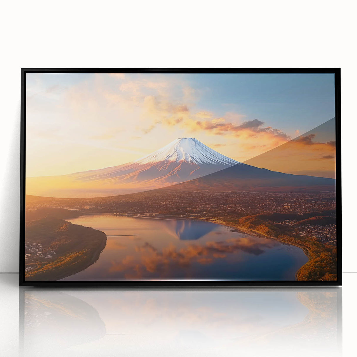 Framed acrylic wall art featuring a vibrant volcano landscape design, showcasing bold colors and dramatic scenery, ideal for modern home decor.