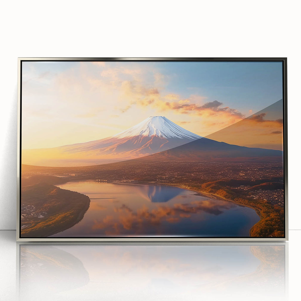 Framed wall art featuring a stunning volcano landscape design with vibrant colors, set in a sleek silver frame, ideal for modern decor and home styling.
