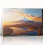 Framed wall art featuring a stunning volcano landscape design with vibrant colors, set in a sleek silver frame, ideal for modern decor and home styling.