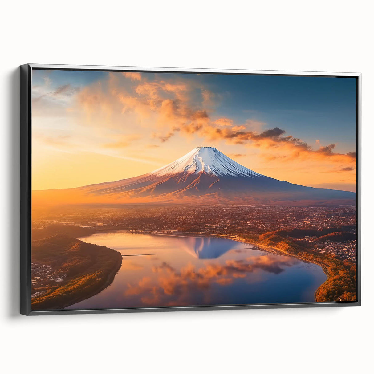 Framed canvas wall art featuring a stunning volcano landscape design, showcasing vibrant colors and bold contrasts, ideal for home decor enthusiasts.