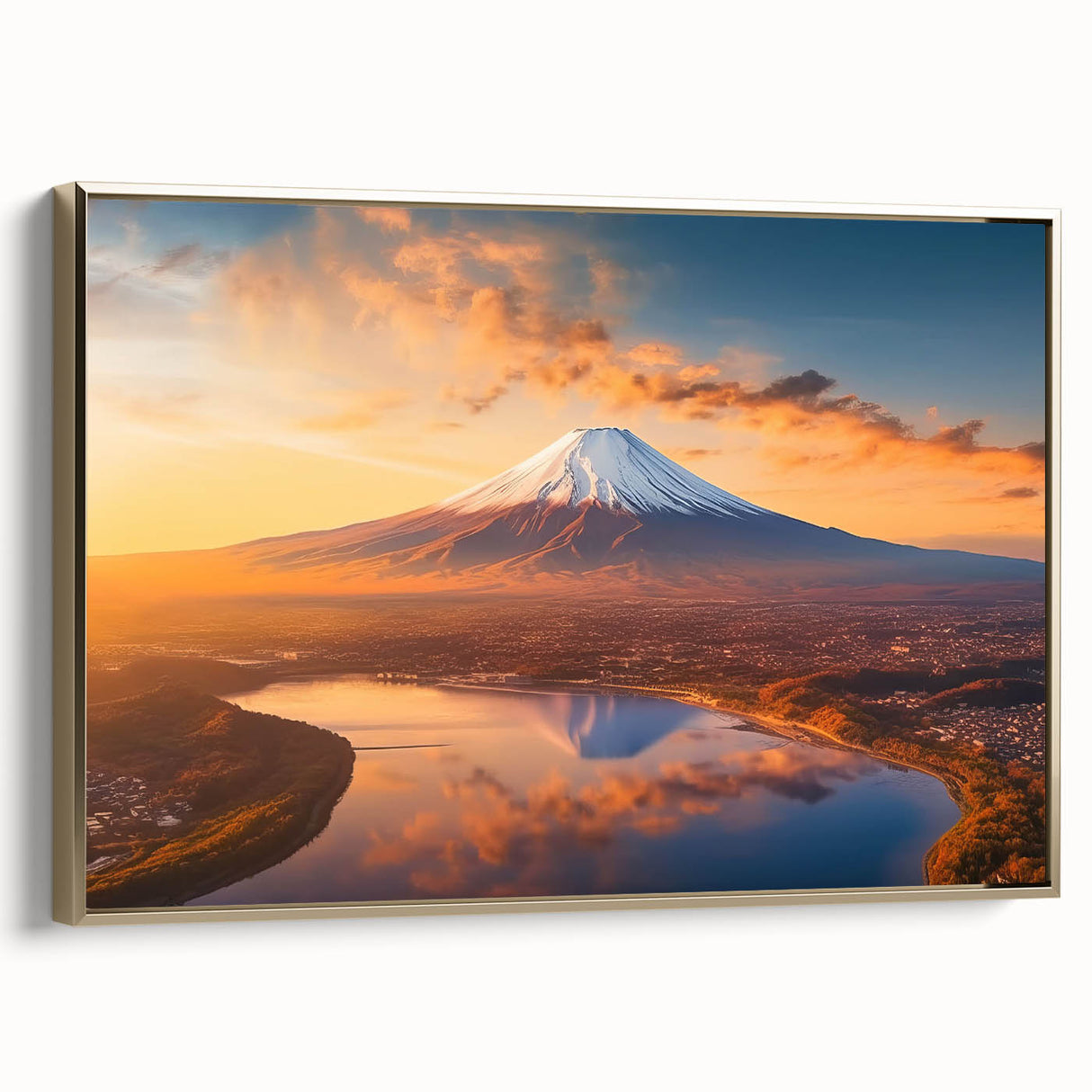 Framed canvas wall art featuring a stunning gold-accented volcano landscape design, showcasing vibrant colors and intricate details, perfect for modern home decor.