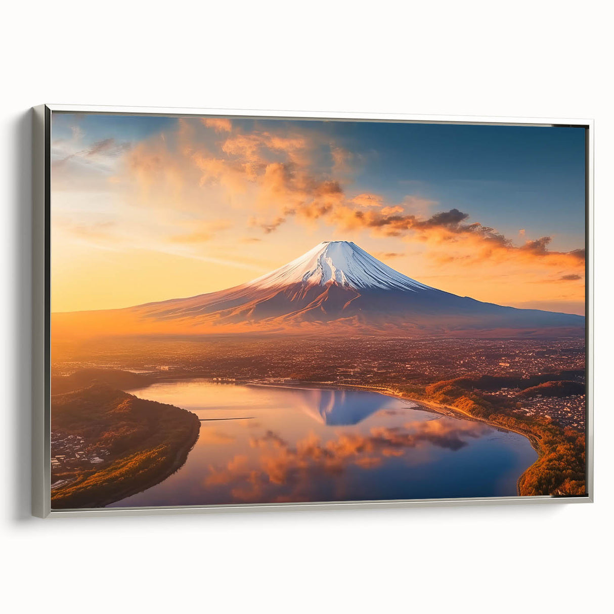 Framed canvas wall art showcasing a striking volcano landscape design, featuring vibrant colors of red and orange against a serene blue sky, ideal for modern decor.