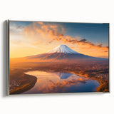 Framed canvas wall art showcasing a striking volcano landscape design, featuring vibrant colors of red and orange against a serene blue sky, ideal for modern decor.